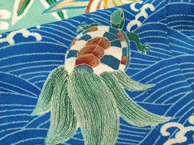 平和屋本店●極上 アンティーク 大正ロマン 中国三大刺繍 相良刺繍 振袖 松竹梅 蓑亀 鶴 金糸 赤橙色地 逸品 CYAA4166s6