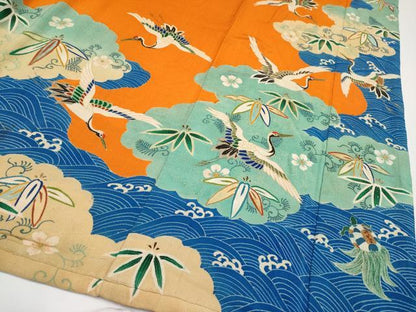 平和屋本店●極上 アンティーク 大正ロマン 中国三大刺繍 相良刺繍 振袖 松竹梅 蓑亀 鶴 金糸 赤橙色地 逸品 CYAA4166s6