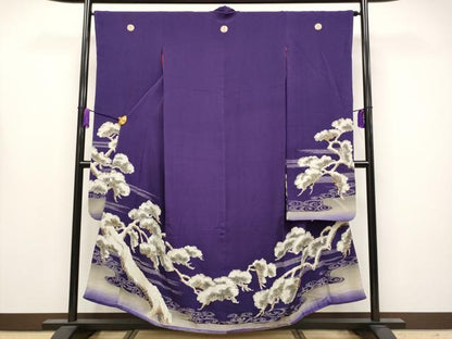 平和屋着物●極上　アンティーク　大正ロマン　中国三大刺繍　相良刺繍　振袖　枝松文　金糸　鬼しぼ縮緬　深紫色地　逸品　CYAA4167s6