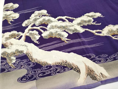 平和屋着物●極上　アンティーク　大正ロマン　中国三大刺繍　相良刺繍　振袖　枝松文　金糸　鬼しぼ縮緬　深紫色地　逸品　CYAA4167s6
