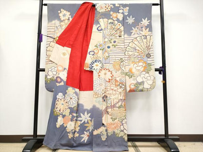 平和屋着物●極上　アンティーク　大正ロマン　振袖　駒刺繍　貝桶檜扇草花文　薄鼠色地　逸品　CYAA4168s6