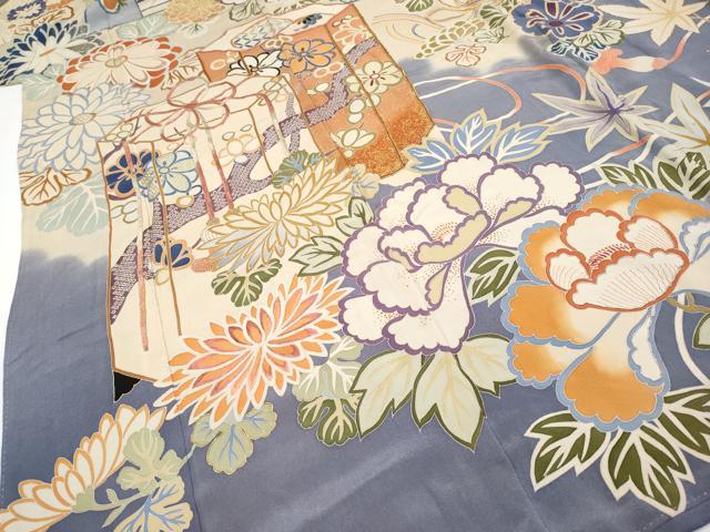 平和屋着物●極上　アンティーク　大正ロマン　振袖　駒刺繍　貝桶檜扇草花文　薄鼠色地　逸品　CYAA4168s6
