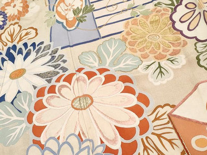 平和屋着物●極上　アンティーク　大正ロマン　振袖　駒刺繍　貝桶檜扇草花文　薄鼠色地　逸品　CYAA4168s6