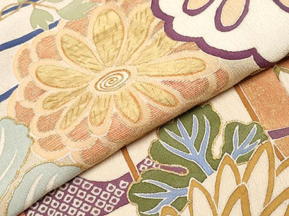 平和屋着物●極上　アンティーク　大正ロマン　振袖　駒刺繍　貝桶檜扇草花文　薄鼠色地　逸品　CYAA4168s6