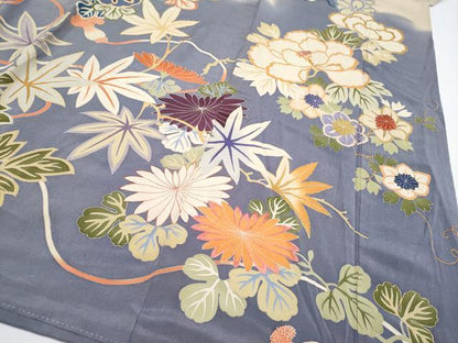 平和屋着物●極上　アンティーク　大正ロマン　振袖　駒刺繍　貝桶檜扇草花文　薄鼠色地　逸品　CYAA4168s6