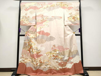 平和屋本店●極上　皇室献上作家　藤井寛　訪問着　駒刺繍　雲重ね風景文　金彩　灰梅色地　逸品　CYAA4177s6