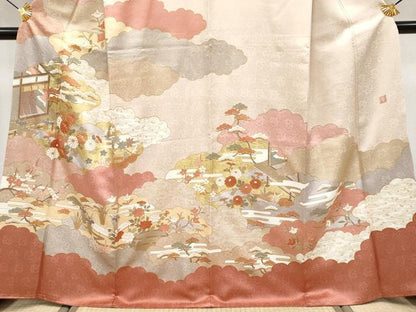平和屋本店●極上　皇室献上作家　藤井寛　訪問着　駒刺繍　雲重ね風景文　金彩　灰梅色地　逸品　CYAA4177s6
