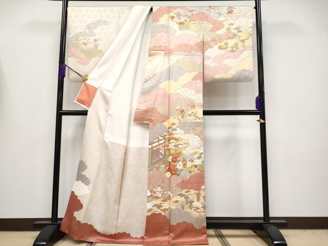 平和屋本店●極上　皇室献上作家　藤井寛　訪問着　駒刺繍　雲重ね風景文　金彩　灰梅色地　逸品　CYAA4177s6