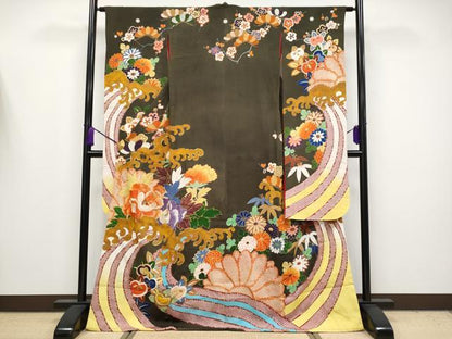 平和屋着物●極上　アンティーク　大正ロマン　振袖　駒刺繍　立波枝花文　金彩　逸品　CYAA4180s6