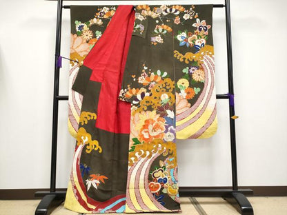 平和屋着物●極上　アンティーク　大正ロマン　振袖　駒刺繍　立波枝花文　金彩　逸品　CYAA4180s6