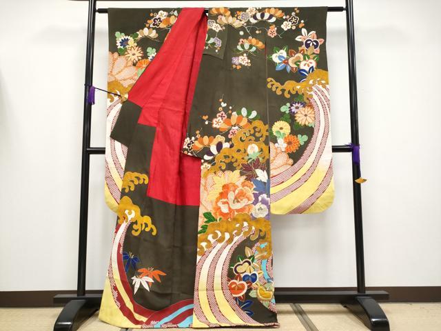平和屋着物●極上　アンティーク　大正ロマン　振袖　駒刺繍　立波枝花文　金彩　逸品　CYAA4180s6