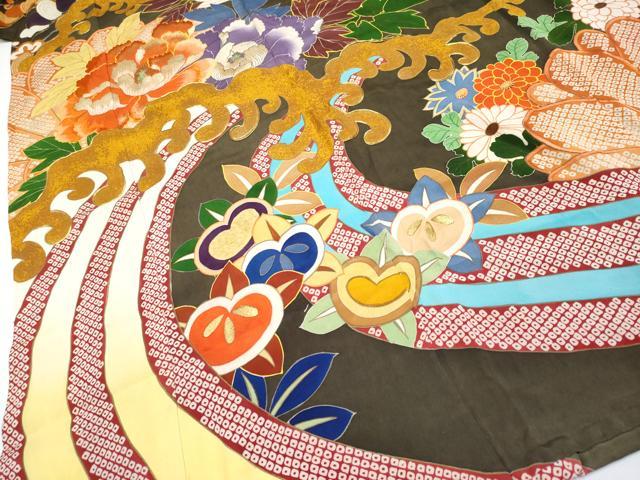 平和屋着物●極上　アンティーク　大正ロマン　振袖　駒刺繍　立波枝花文　金彩　逸品　CYAA4180s6