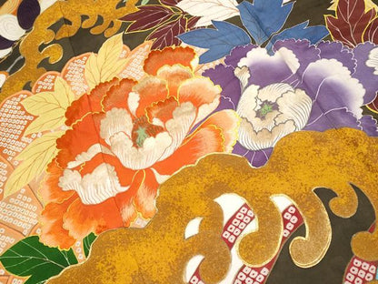 平和屋着物●極上　アンティーク　大正ロマン　振袖　駒刺繍　立波枝花文　金彩　逸品　CYAA4180s6