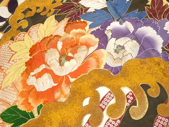 平和屋着物●極上　アンティーク　大正ロマン　振袖　駒刺繍　立波枝花文　金彩　逸品　CYAA4180s6