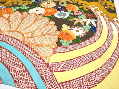 平和屋着物●極上　アンティーク　大正ロマン　振袖　駒刺繍　立波枝花文　金彩　逸品　CYAA4180s6