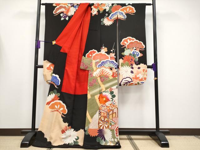 平和屋本店●極上 アンティーク 大正ロマン 振袖・長襦袢セット 駒刺繍 御所車枝花文 黒地 金彩 逸品 CYAA4181s6