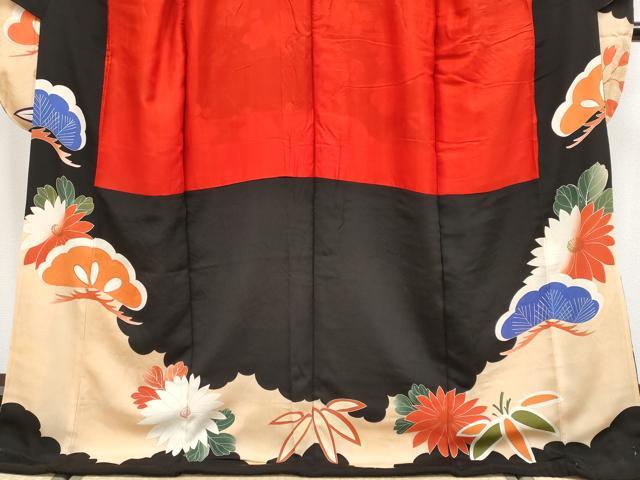 平和屋本店●極上 アンティーク 大正ロマン 振袖・長襦袢セット 駒刺繍 御所車枝花文 黒地 金彩 逸品 CYAA4181s6