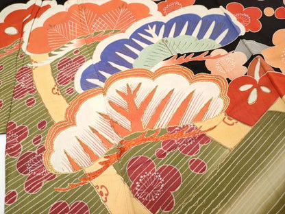 平和屋本店●極上 アンティーク 大正ロマン 振袖・長襦袢セット 駒刺繍 御所車枝花文 黒地 金彩 逸品 CYAA4181s6