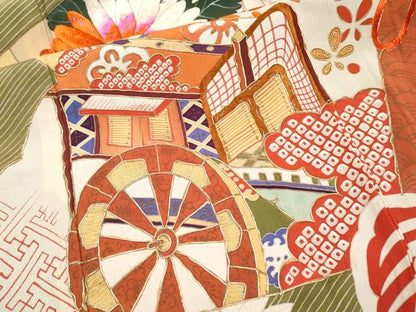 平和屋本店●極上 アンティーク 大正ロマン 振袖・長襦袢セット 駒刺繍 御所車枝花文 黒地 金彩 逸品 CYAA4181s6