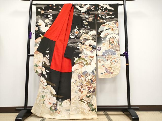 平和屋本店●極上 アンティーク 大正ロマン 振袖・長襦袢セット 駒刺繍 宝船 暈し染め 金糸 逸品 CYAA4182s6