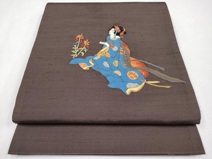 平和屋着物●極上　太鼓柄袋帯　紬地　人物文　赤墨色地　逸品　CYAA4611s6