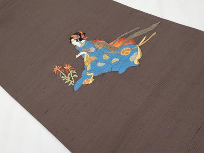平和屋着物●極上　太鼓柄袋帯　紬地　人物文　赤墨色地　逸品　CYAA4611s6
