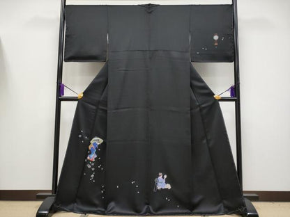 平和屋本店●極上　訪問着　手描き　人物文　黒地　逸品　未使用　CYAA4183s6