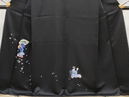 平和屋本店●極上　訪問着　手描き　人物文　黒地　逸品　未使用　CYAA4183s6