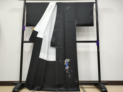 平和屋本店●極上　訪問着　手描き　人物文　黒地　逸品　未使用　CYAA4183s6