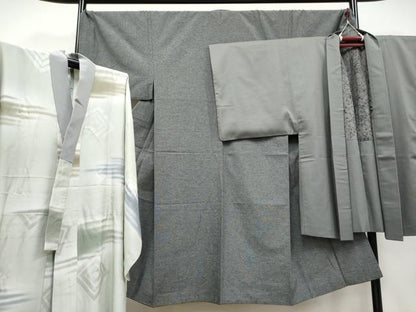 平和屋本店■極上　男性　紬　羽織・長襦袢セット　着物：網代織・墨色　羽織：お召・利休鼠色　逸品　CYAA4184s6