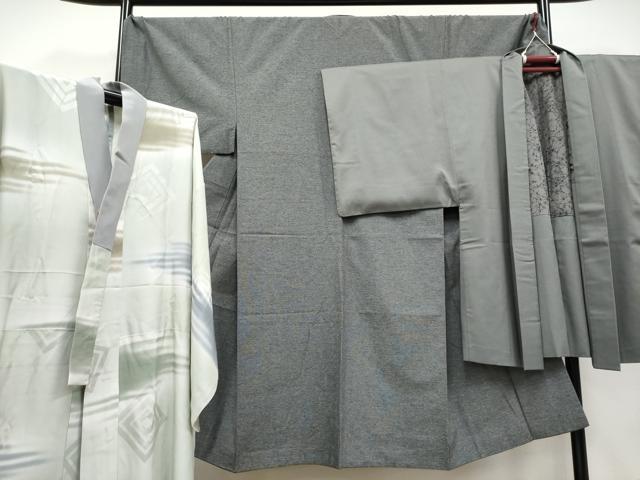 平和屋本店■極上　男性　紬　羽織・長襦袢セット　着物：網代織・墨色　羽織：お召・利休鼠色　逸品　CYAA4184s6