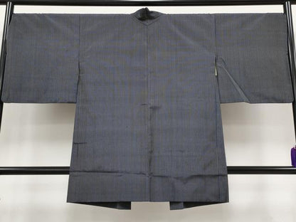平和屋着物●極上　紬　アンサンブル　縞　濃紺地　逸品　CYAA4199s6