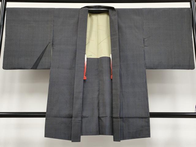 平和屋着物●極上　紬　アンサンブル　縞　濃紺地　逸品　CYAA4199s6