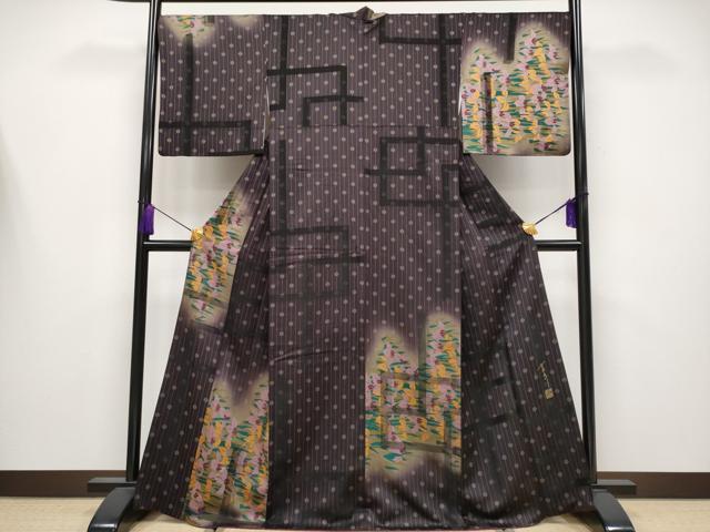 平和屋本店●極上　キモノデザイナー　斉藤上太郎　訪問着　お召地　杜若　暈し染め　黒鳶色地　逸品　CYAA4205s6