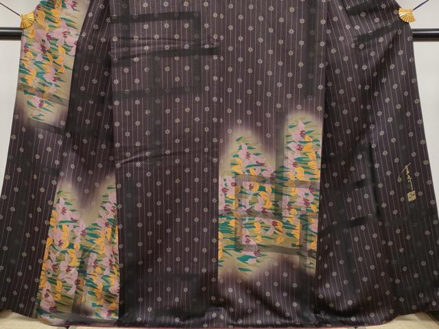平和屋本店●極上　キモノデザイナー　斉藤上太郎　訪問着　お召地　杜若　暈し染め　黒鳶色地　逸品　CYAA4205s6