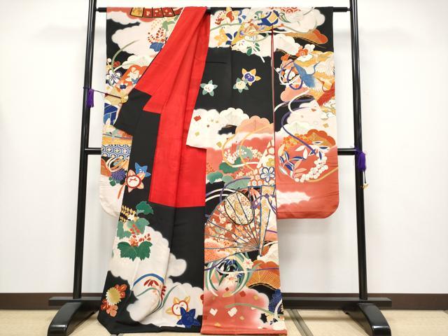 平和屋着物●極上　アンティーク　大正ロマン　振袖　駒刺繍　檜扇吉祥花文　金彩　逸品　CYAA4220s6