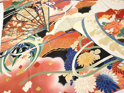 平和屋着物●極上　アンティーク　大正ロマン　振袖　駒刺繍　檜扇吉祥花文　金彩　逸品　CYAA4220s6