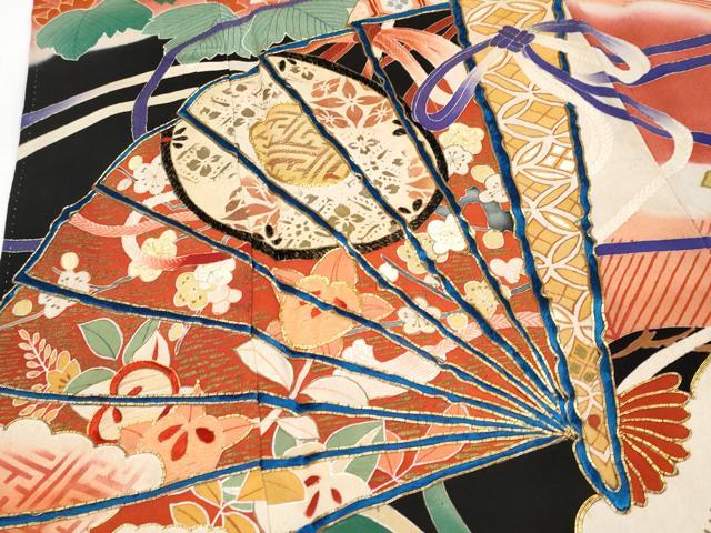 平和屋着物●極上　アンティーク　大正ロマン　振袖　駒刺繍　檜扇吉祥花文　金彩　逸品　CYAA4220s6
