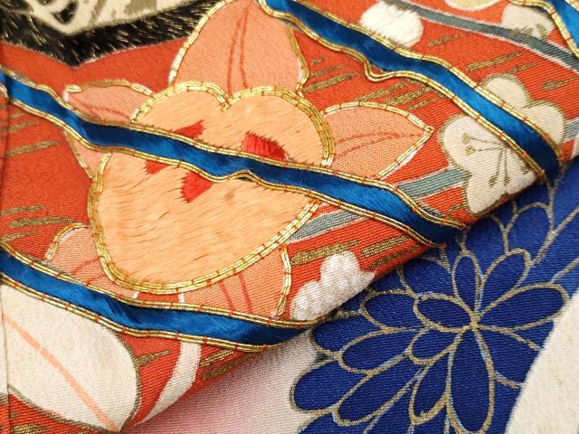 平和屋着物●極上　アンティーク　大正ロマン　振袖　駒刺繍　檜扇吉祥花文　金彩　逸品　CYAA4220s6