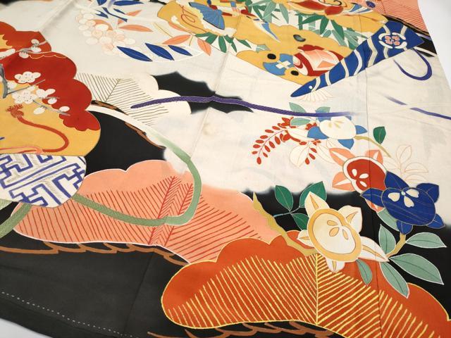 平和屋着物●極上　アンティーク　大正ロマン　振袖　駒刺繍　檜扇吉祥花文　金彩　逸品　CYAA4220s6
