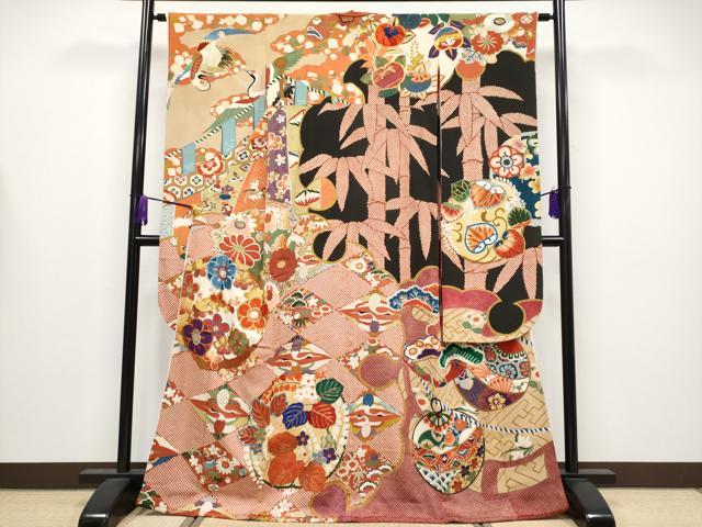 平和屋着物●極上　アンティーク　大正ロマン　振袖　雪輪双鶴花丸文　黒地　金彩　逸品　CYAA4234s6