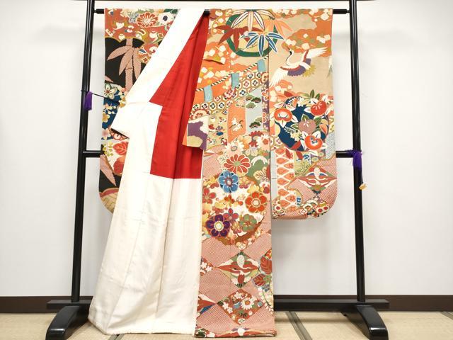 平和屋着物●極上　アンティーク　大正ロマン　振袖　雪輪双鶴花丸文　黒地　金彩　逸品　CYAA4234s6