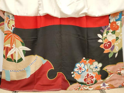 平和屋着物●極上　アンティーク　大正ロマン　振袖　雪輪双鶴花丸文　黒地　金彩　逸品　CYAA4234s6