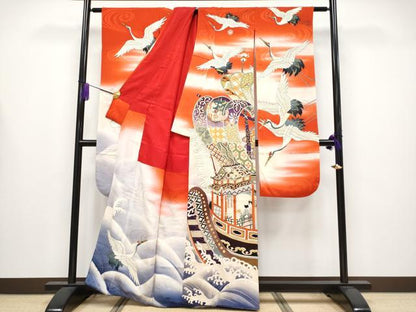 平和屋本店●極上　アンティーク　大正ロマン　振袖　手描き　人物船飛鶴文　暈し染め　金彩　逸品　CYAA4235s6