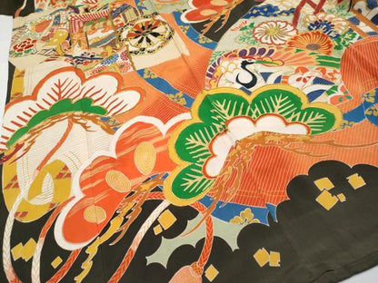 平和屋着物●極上　アンティーク　大正ロマン　振袖　駒刺繍　御所車花松文　黒地　金彩　逸品　CYAA4236s6