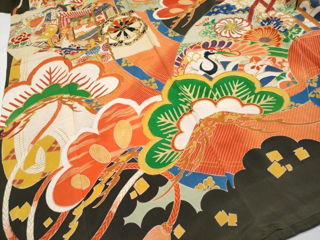 平和屋着物●極上　アンティーク　大正ロマン　振袖　駒刺繍　御所車花松文　黒地　金彩　逸品　CYAA4236s6