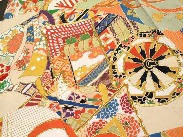平和屋着物●極上　アンティーク　大正ロマン　振袖　駒刺繍　御所車花松文　黒地　金彩　逸品　CYAA4236s6