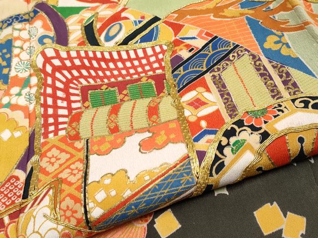 平和屋着物●極上　アンティーク　大正ロマン　振袖　駒刺繍　御所車花松文　黒地　金彩　逸品　CYAA4236s6