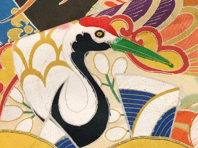 平和屋着物●極上　アンティーク　大正ロマン　振袖　駒刺繍　御所車花松文　黒地　金彩　逸品　CYAA4236s6
