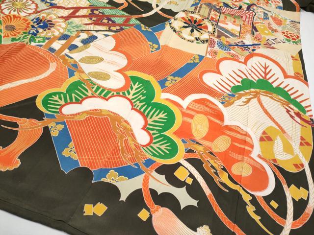 平和屋着物●極上　アンティーク　大正ロマン　振袖　駒刺繍　御所車花松文　黒地　金彩　逸品　CYAA4236s6